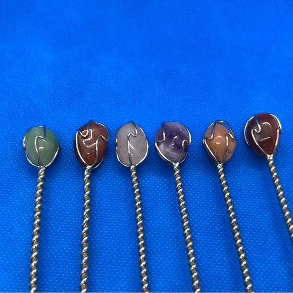 Silver Tone Twisted Semi Precious Gemstone Handle Demitasse Spoons Set of 6 - Picture 15 of 16